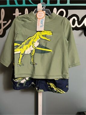 Carter Just One You Dinosaur Surf Green Rash Guard Long Sleeve Shirt and Trunks